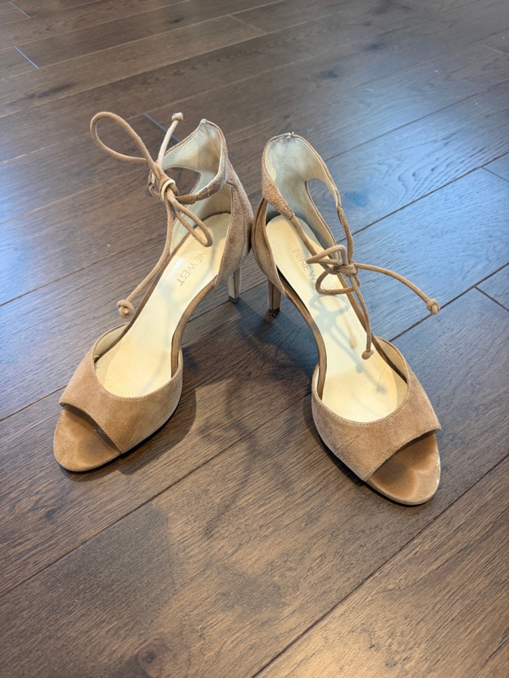 Nine West Suede Lace-Up Open-Toe Heels in Tan Size 7 - C37-085